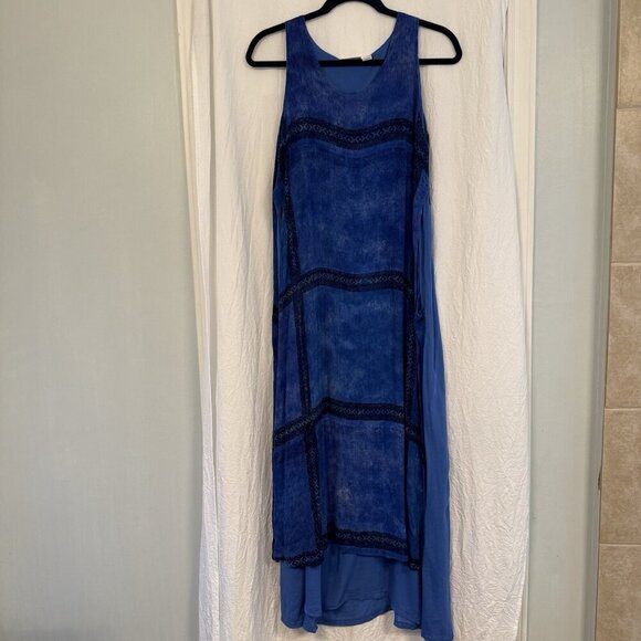 Chico's 90s Sleeveless Maxi Dress Artsy Boho Lagenlook Pockets Blue One Size - Picture 13 of 16